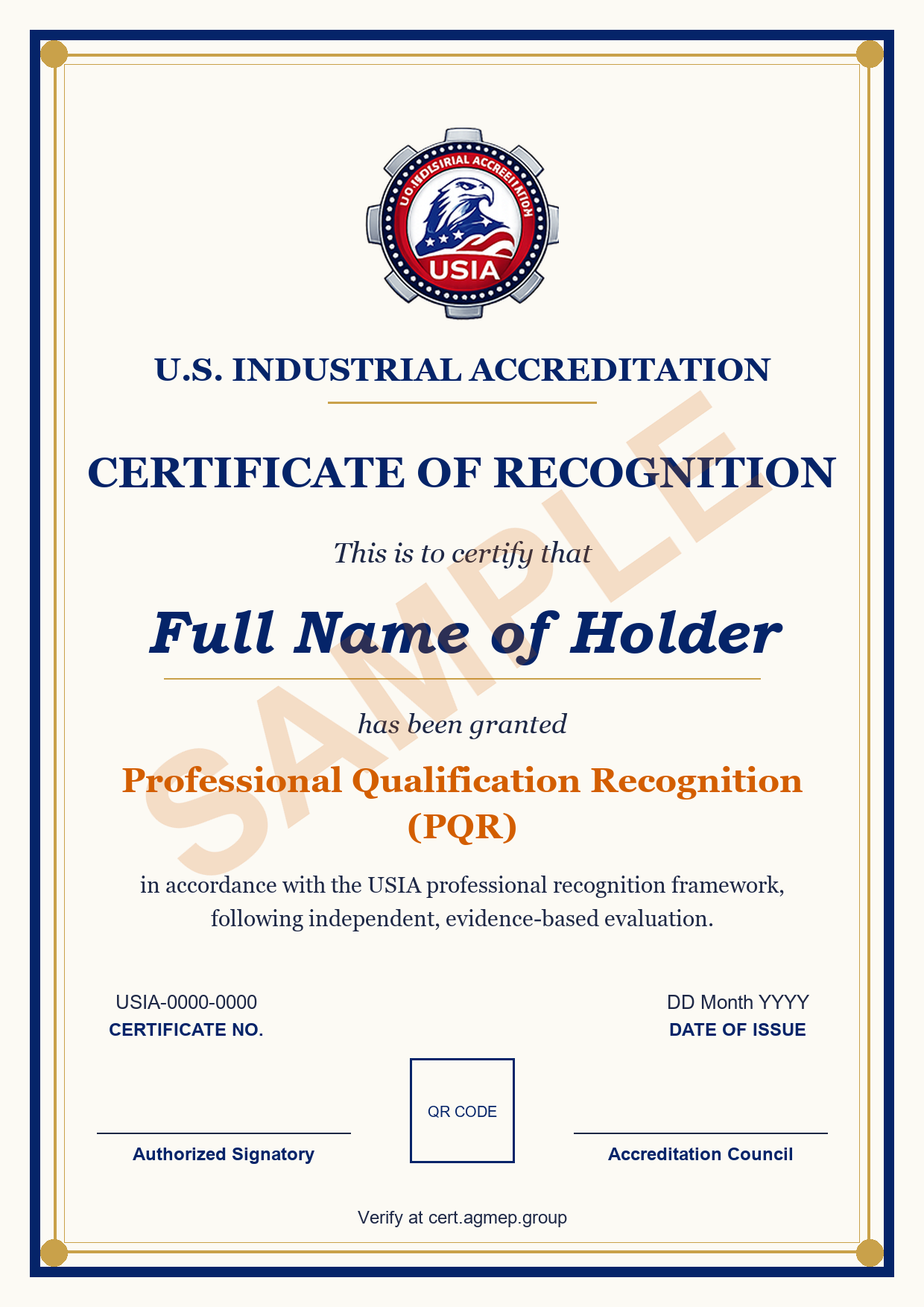 Certificate sample · Professional Qualification Recognition (PQR)